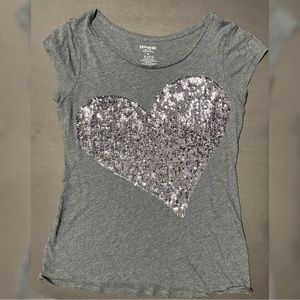 Express Sequin Heart Gray Tee